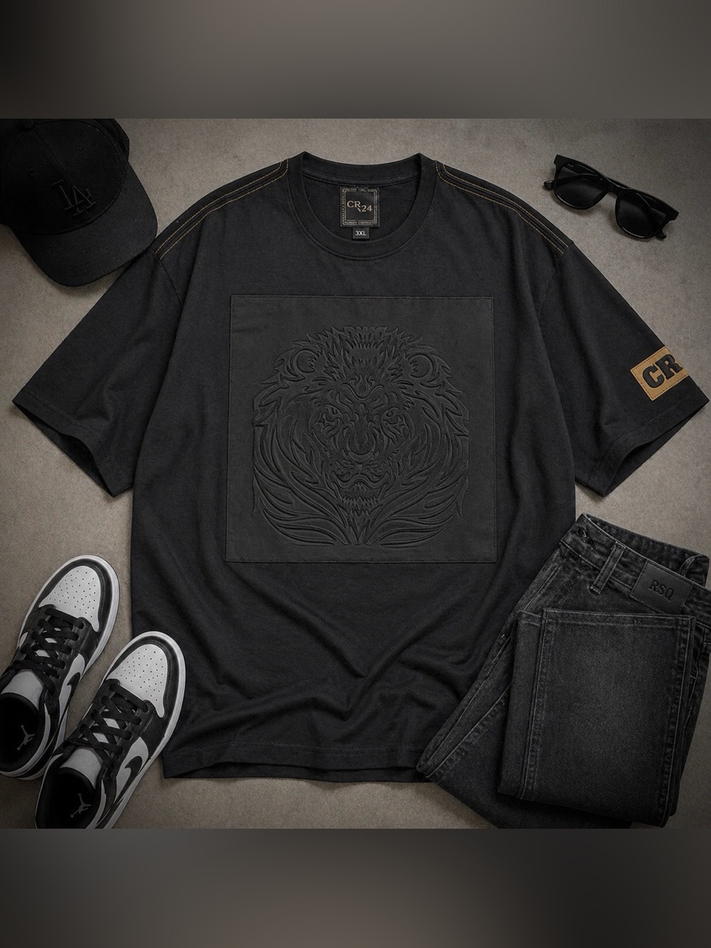 Bordo Cromato Embossed Lion Tee Black 3XL Streetwear Graphic Shirt